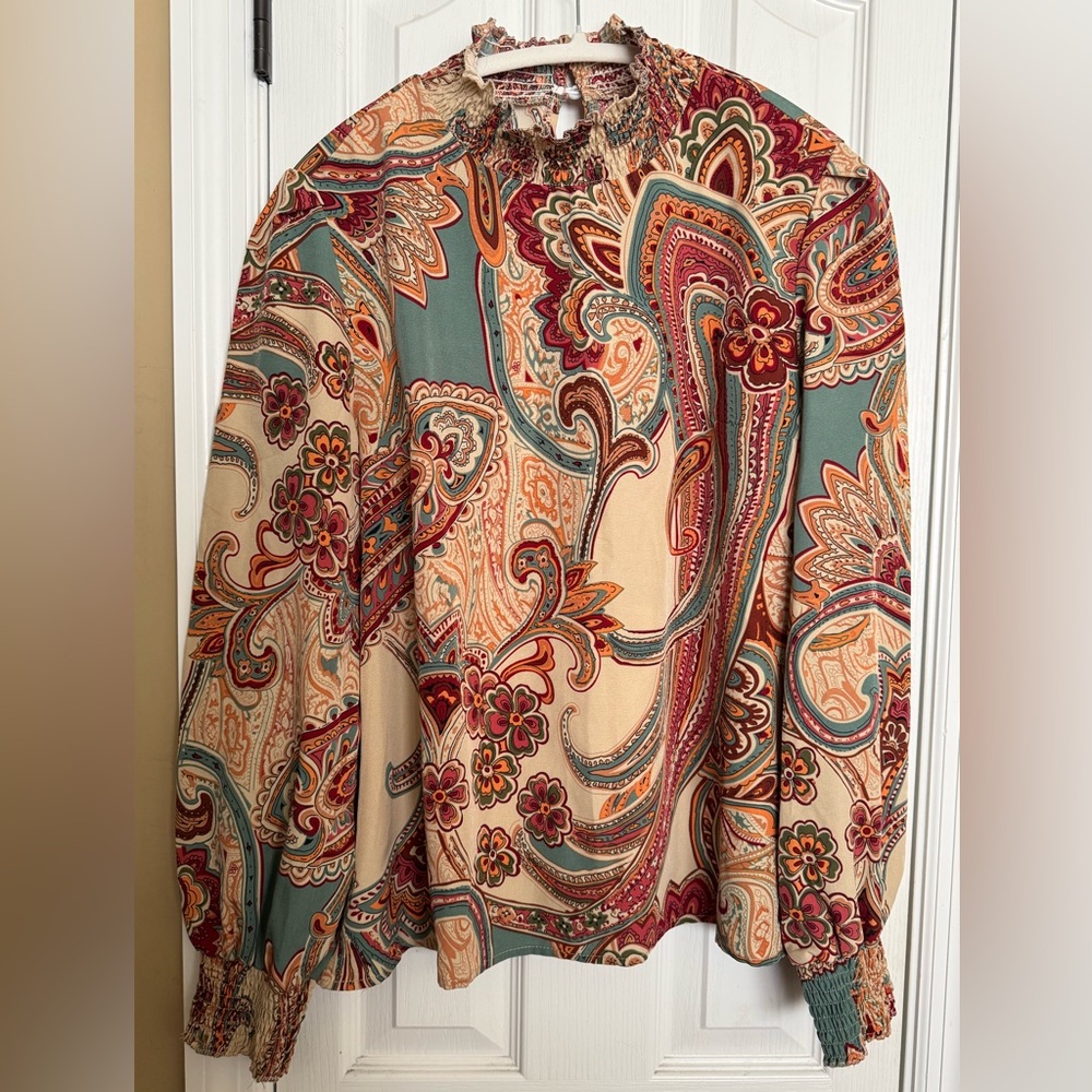 Paisley Print Mock Neck Lantern Sleeve Blouse - Picture 6 of 7
